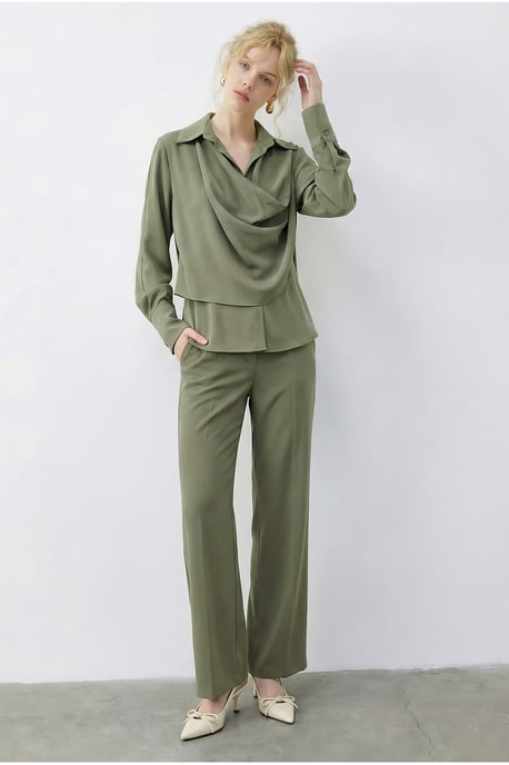 Schal-Detaillierte Bluse und Hochtaillierte Weite Hosen Zwei-Teiliges Set - Image 2