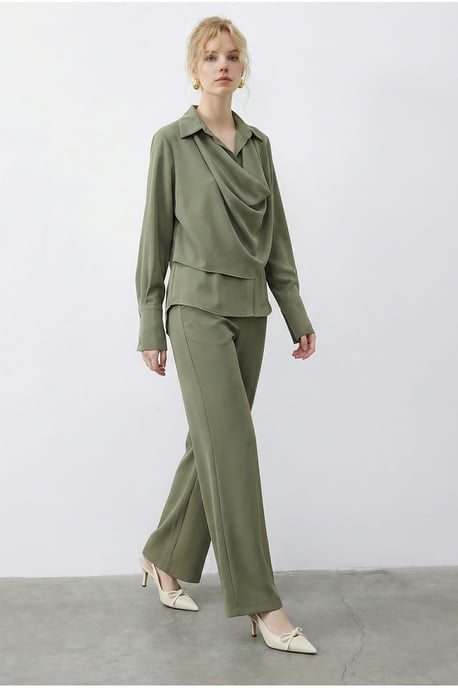 Schal-Detaillierte Bluse und Hochtaillierte Weite Hosen Zwei-Teiliges Set - Image 3