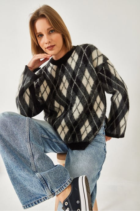 Crewneck-Strickpullover mit Schlitz im Baklava-Muster - Image 2