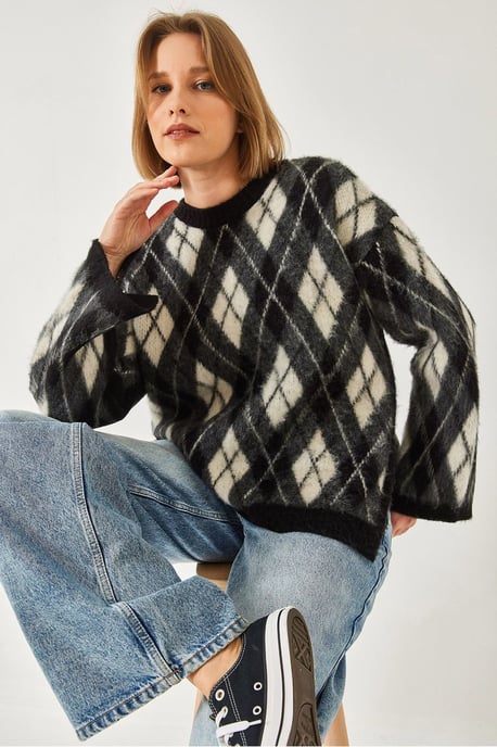 Crewneck-Strickpullover mit Schlitz im Baklava-Muster - Image 3