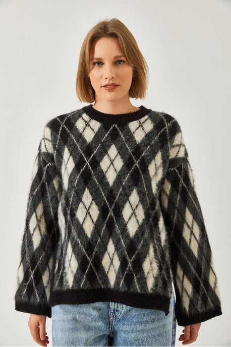 Crewneck-Strickpullover mit Schlitz im Baklava-Muster - Image 4