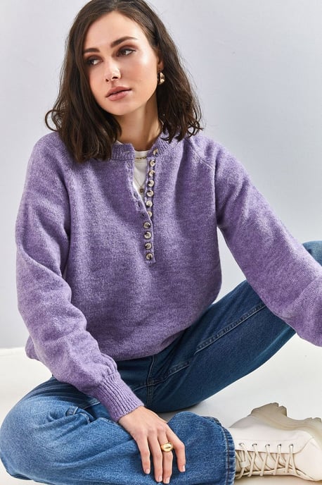 Knopfkragen Lässig Sitzender Strickpullover - Image 2