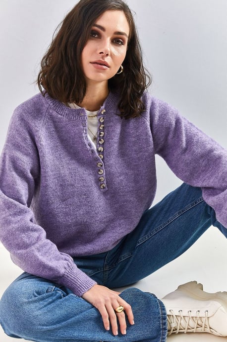 Knopfkragen Lässig Sitzender Strickpullover - Image 3