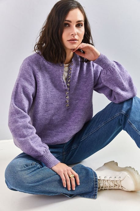Knopfkragen Lässig Sitzender Strickpullover - Image 4