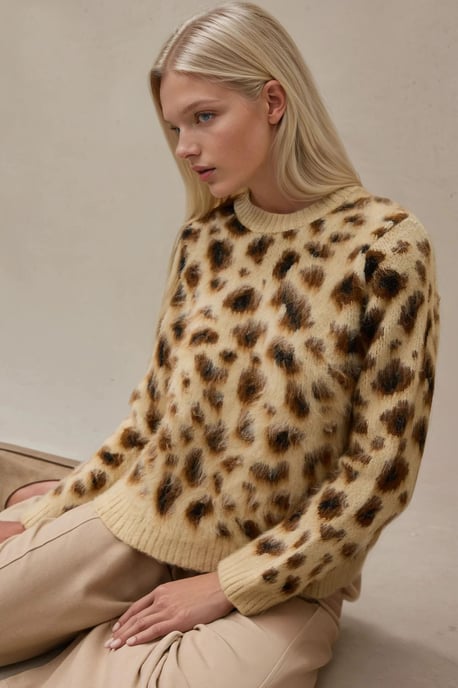 Leopardenmuster Rundhalsausschnitt Pullover - Image 1