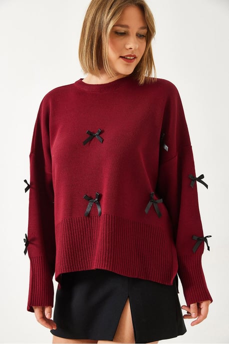 Gemusterter Acryl-Rundhals-Pullover mit Schleifendetail - Image 4
