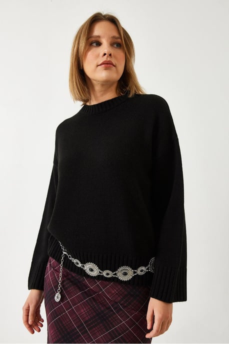 Lässiger Fit Rundhalsausschnitt Rippstrickpullover - Image 2