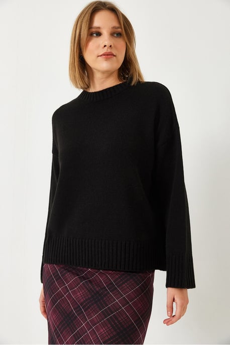 Lässiger Fit Rundhalsausschnitt Rippstrickpullover - Image 4