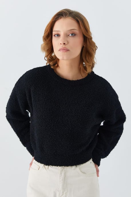 Mixray Plüschstrukturiertes Kurzstrickpullover - Schwarz - Image 3