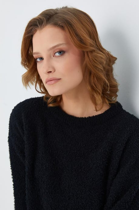 Mixray Plüschstrukturiertes Kurzstrickpullover - Schwarz - Image 5