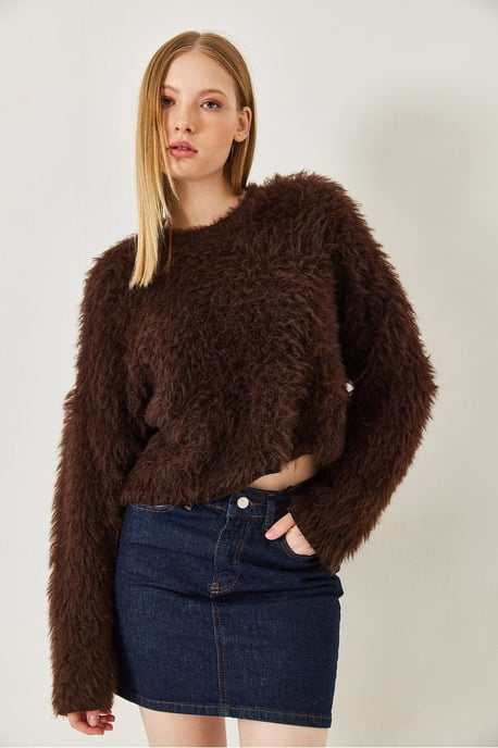 Strukturiertes Rundhals-Crop-Sweatshirt mit Plüsch-Details - Image 2