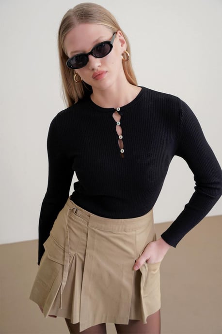Knopf Detail Rundhals-Pullover - Image 2