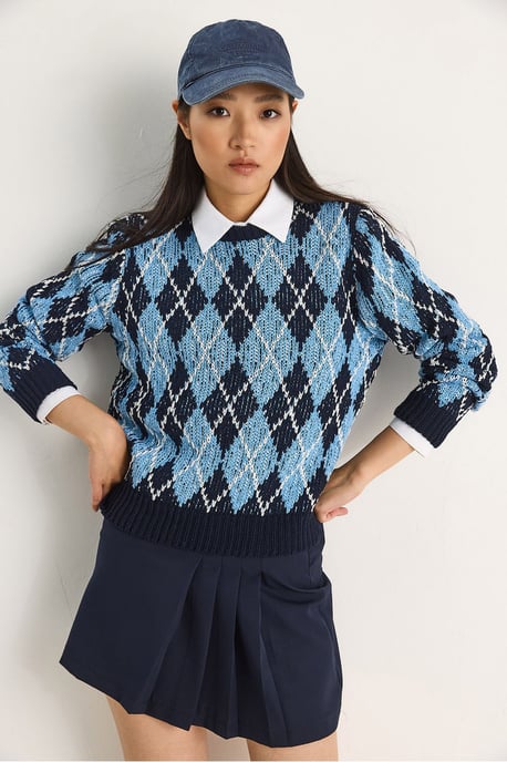 Damen Strickpullover mit Rippkragen und Rautenmuster - Image 3