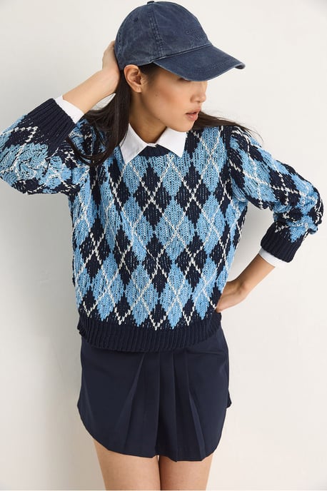 Damen Strickpullover mit Rippkragen und Rautenmuster - Image 4