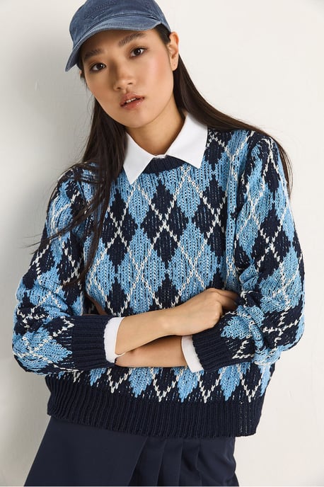 Damen Strickpullover mit Rippkragen und Rautenmuster - Image 5