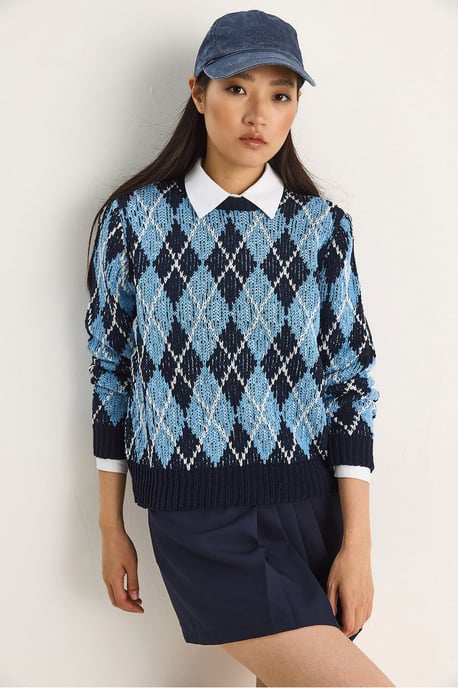 Damen Strickpullover mit Rippkragen und Rautenmuster - Image 6