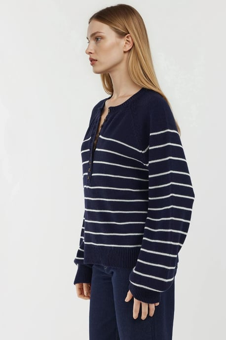Knopf Detaillierter Gestreifter Lockere Passform Pullover - Image 3