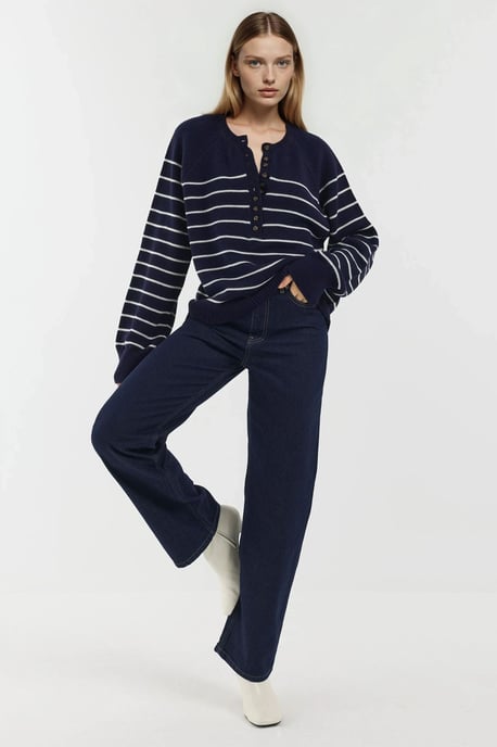 Knopf Detaillierter Gestreifter Lockere Passform Pullover - Image 5