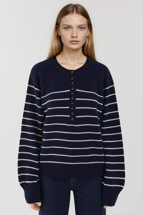 Knopf Detaillierter Gestreifter Lockere Passform Pullover - Image 6