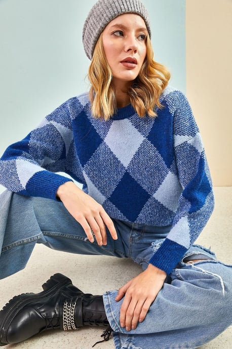 Geometrischer Gerippter Rundhals-Pullover - Image 2