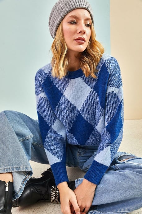 Geometrischer Gerippter Rundhals-Pullover - Image 4