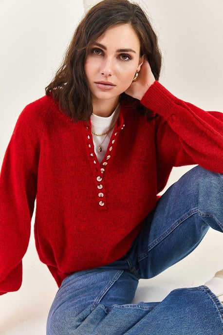 Knopfkragen Lässig Sitzender Strickpullover - Image 1