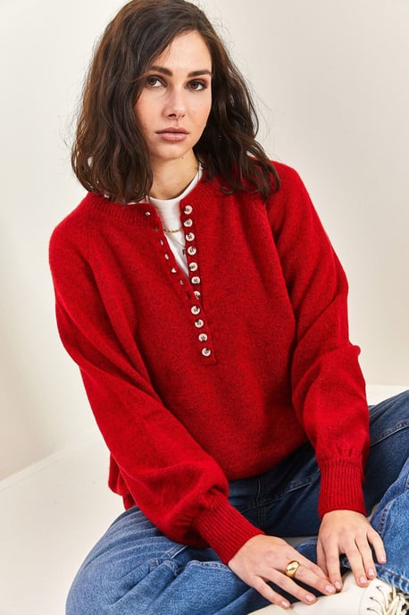Knopfkragen Lässig Sitzender Strickpullover - Image 2
