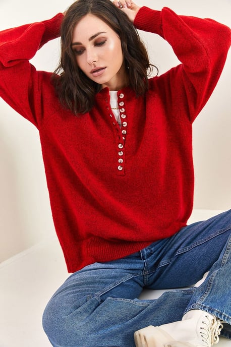 Knopfkragen Lässig Sitzender Strickpullover - Image 3