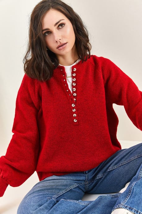 Knopfkragen Lässig Sitzender Strickpullover - Image 4