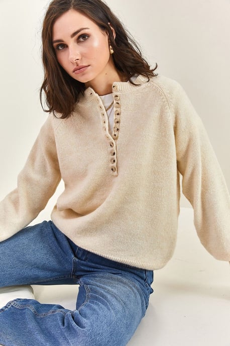Knopfkragen Lässig Sitzender Strickpullover - Image 3