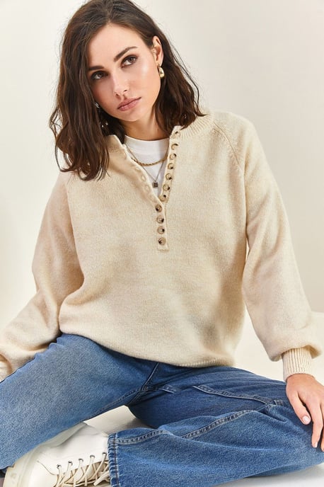 Knopfkragen Lässig Sitzender Strickpullover - Image 4