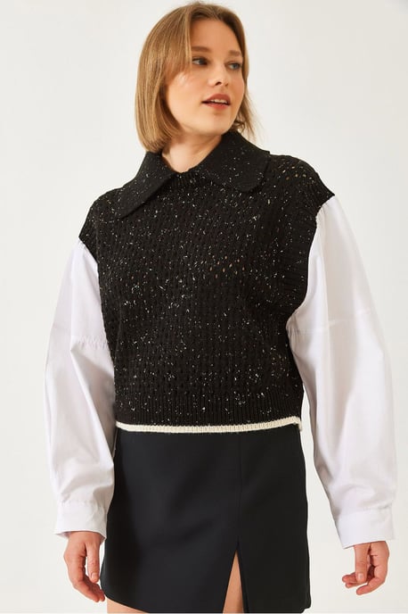 Strickpullover mit Struktur und Hemdkragen - Image 1