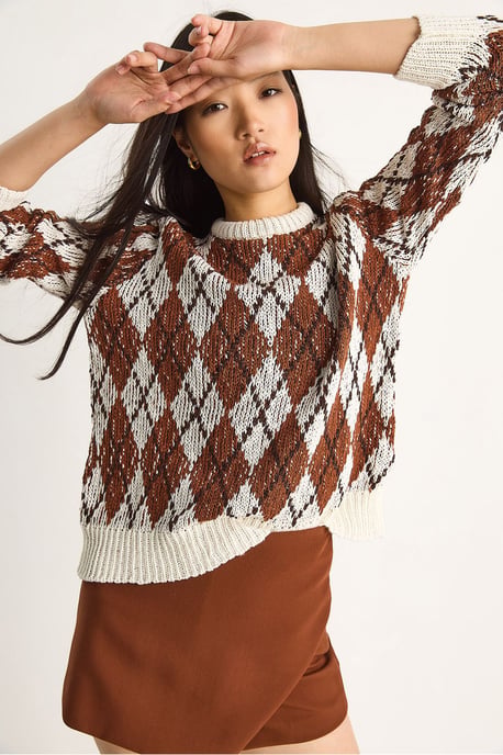 Damen Pulli mit Rundhalsausschnitt und Rautenmuster - Image 4