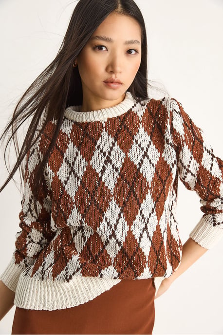 Damen Pulli mit Rundhalsausschnitt und Rautenmuster - Image 5