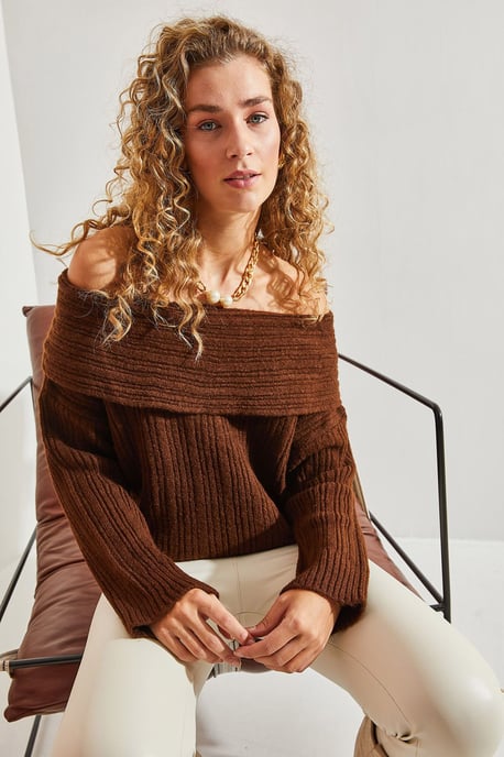 Schulterfreier gerippter Strickpullover - Image 3