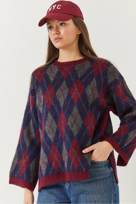 Bianco Lucci Crew-Neck-Pullover mit Schlitz im Baklava-Muster - Rot - Image 3