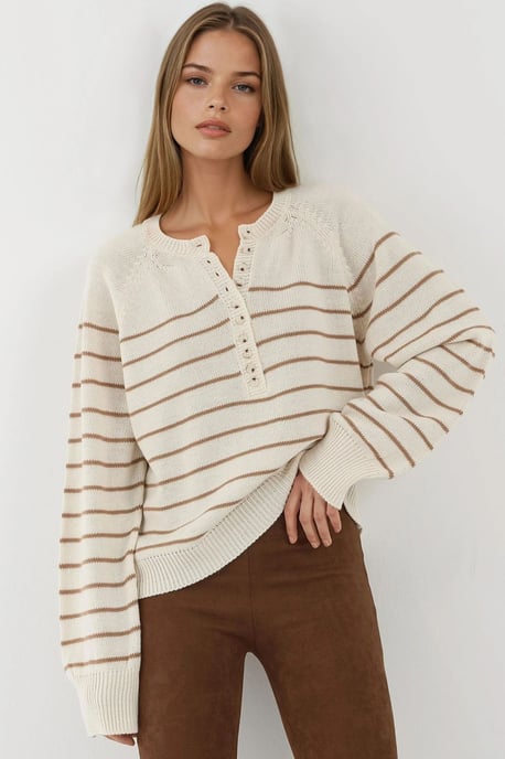 Knopf Detaillierter Gestreifter Lockerer Pullover - Image 1