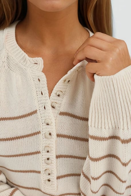 Knopf Detaillierter Gestreifter Lockerer Pullover - Image 3