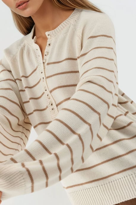Knopf Detaillierter Gestreifter Lockerer Pullover - Image 5