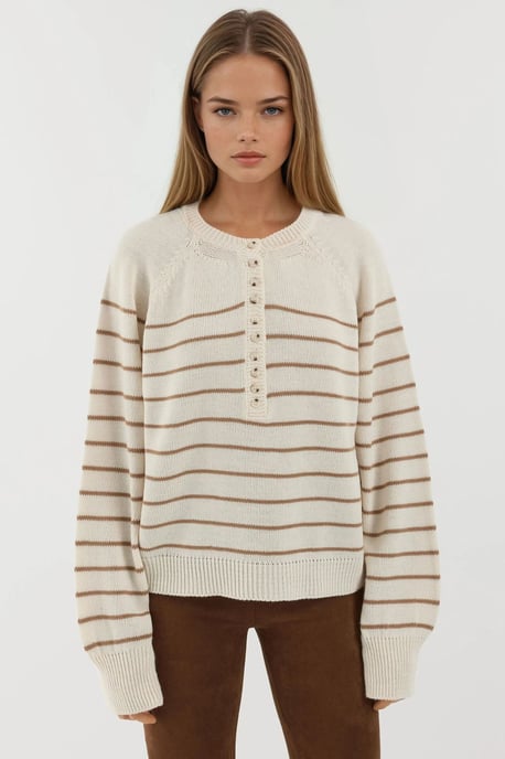 Knopf Detaillierter Gestreifter Lockerer Pullover - Image 6