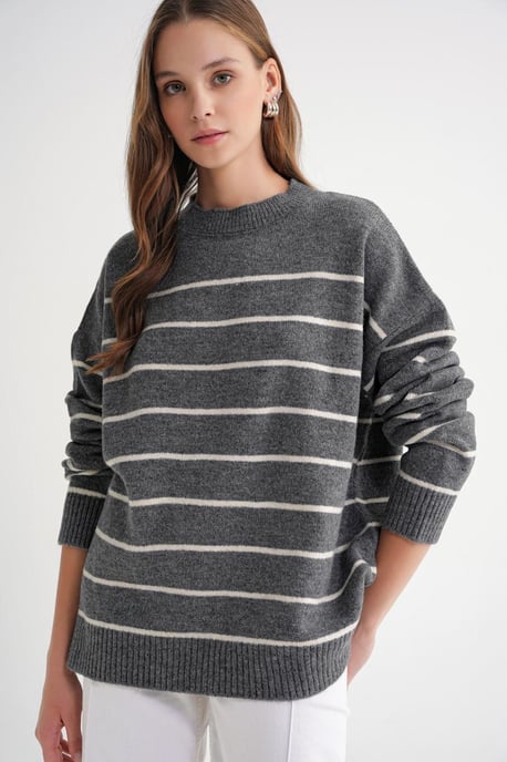 Gestreifter Rundhals Relaxed Strickpullover - Image 1
