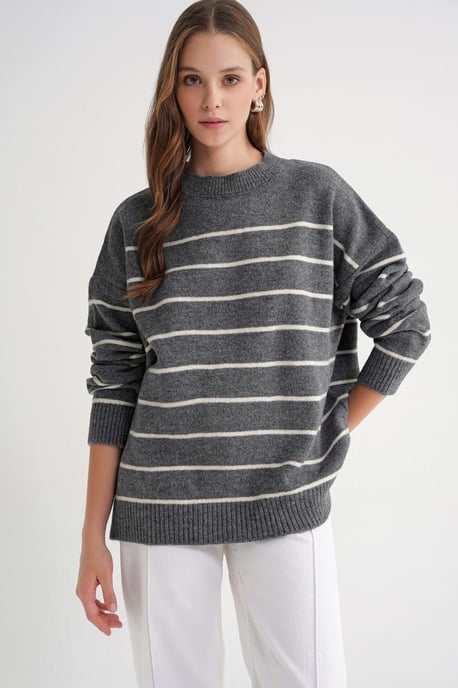 Gestreifter Rundhals Relaxed Strickpullover - Image 3