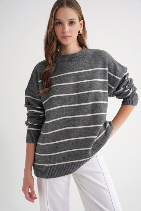 Gestreifter Rundhals Relaxed Strickpullover - Image 4
