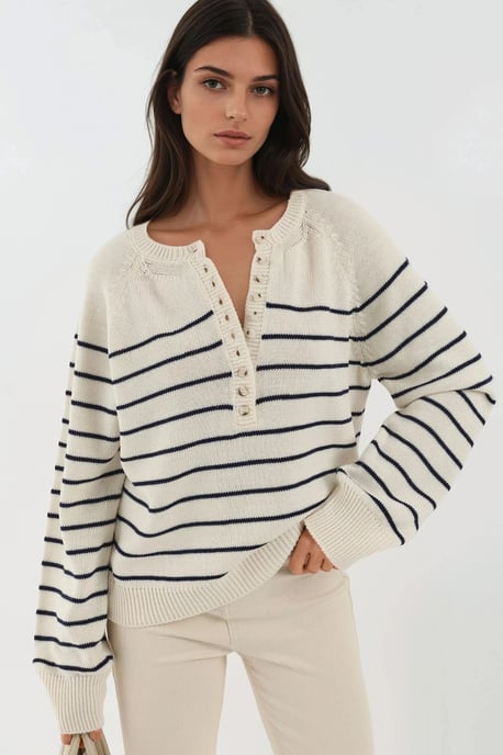 Knopf Detail Streifen Lockere Passform Pullover - Image 1