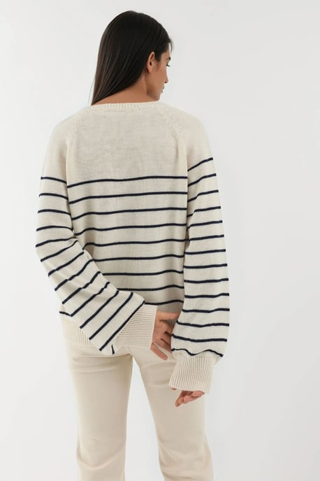 Knopf Detail Streifen Lockere Passform Pullover - Image 2