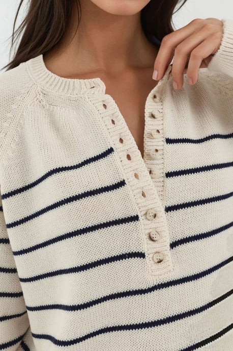 Knopf Detail Streifen Lockere Passform Pullover - Image 3