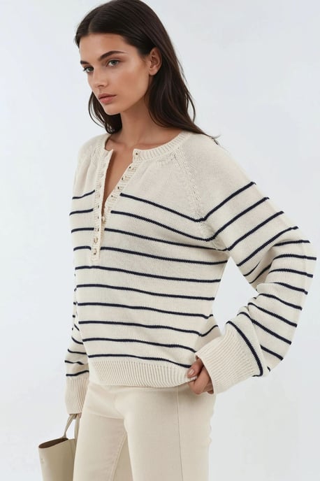 Knopf Detail Streifen Lockere Passform Pullover - Image 5