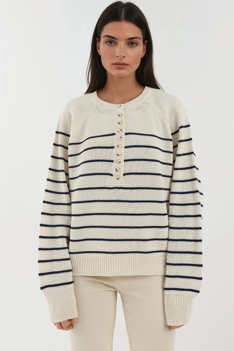 Knopf Detail Streifen Lockere Passform Pullover - Image 6