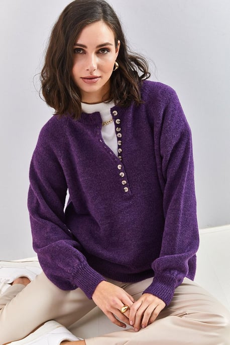Knopfkragen Lässig Sitzender Strickpullover - Image 2