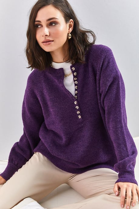 Knopfkragen Lässig Sitzender Strickpullover - Image 3